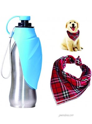 20 oz Dog Water Bottle Stainless Steel Dog Water Bottle Dog Bandanas Scarf for Dog Portable Dog Water Bottle for Walking with Bowl Reversible Lightweight Expandable Silicon Flip-Up Leaf…