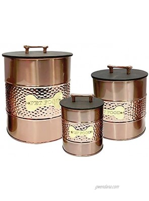 nu steel metal hammered copper 3 Pc set Jumbo Pet Canister with sturdy bone plaque Dog Food Treat Storage Container Jar with wooden Lid with bone handle Tight Fitting Lids for Dog Biscuit Cookies