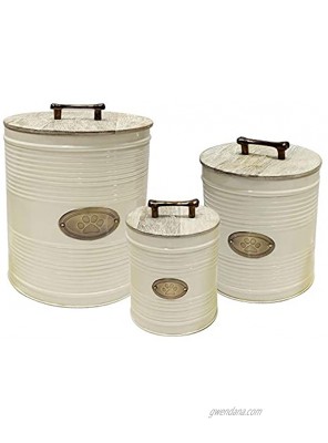 nu steel metal Ribbed Ivory 3 Pc set Jumbo Pet Canister with Golden PAW Plaque Dog Food Treat Storage Container Jar with wooden Lid with sturdy bone handle Tight Fitting Lids for Dog Biscuit Cookies