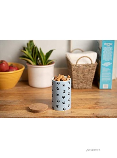 Park Life Designs Pawz Treat Jar Stylish Heavyweight Ceramic Container for Treats and More Bamboo Lid with Airtight Silicone Seal Dishwasher Safe 6-1 2 inch Tall Canister Blue