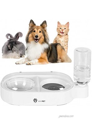 ANYPET 2-in-1 Gravity Water Bowl and Food Bowl Anti-Spill Raised Sides Anti-Slip Base Pet Automatic Water Dispenser with Detachable Bowl and 500ml Water Bottle White APF07W