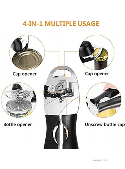 Can Opener 4in1 Manual Stainless Steel Opener with Comfort Grips Smooth Edge-Ultra Sharp Cutting Tools for Bottles with 2 Spare Blades Black