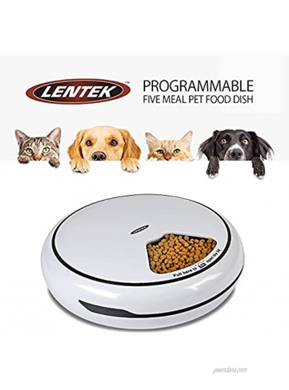 Lentek PD07 Automatic Feeder Programmable Five Meal Pet Dispenser Wet or Dry Food with Voice Recorder and Speaker for Dogs Cats Rabbits and More 25 oz Capacity White Black