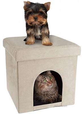 PETMAKER Pet House Ottoman- Collapsible Multipurpose Cat or Small Dog Bed Cube & Footrest with Cushion Top & Interior Pillow Microsuede Tan