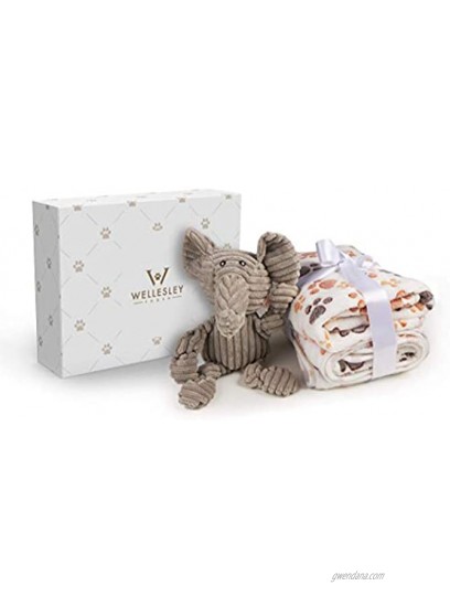 WELLESLEY POOCH 1 Pack 2 Paw Print Dog Puppy Blankets. Fluffy Soft and Warm Premium Pet Blanket and Elephant Plush Squeaky Dog Toy. Puppy Dog Toys Ideal Addition to Your Puppy Starter Kit