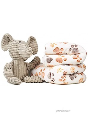 WELLESLEY POOCH 1 Pack 2 Paw Print Dog Puppy Blankets. Fluffy Soft and Warm Premium Pet Blanket and Elephant Plush Squeaky Dog Toy. Puppy Dog Toys Ideal Addition to Your Puppy Starter Kit