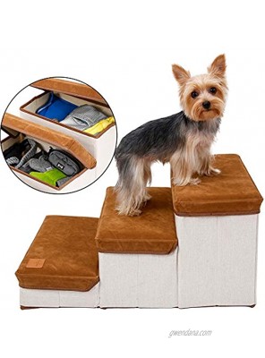 3-Step Dog Folding Steps Stairs for High Bed with Foam &Storage Compartment Ideal for Couch Chair Furniture Car Foldable Washable Removable Cover Pet Safety Ladder Ramp for Small to Large Dog Cat