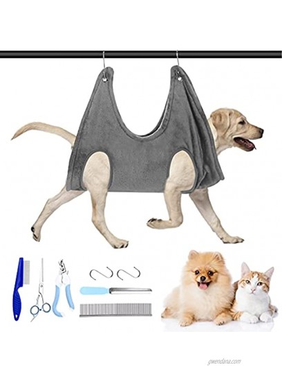 Pet Grooming Hammock Helper Kit with Dog Hammock Harness Bag and 5 Pieces Pet Nail Trimming Hair Combing Supplies Bathing Drying Towel Grooming Washing Restraint Stand for Large or Small Dogs & Cats