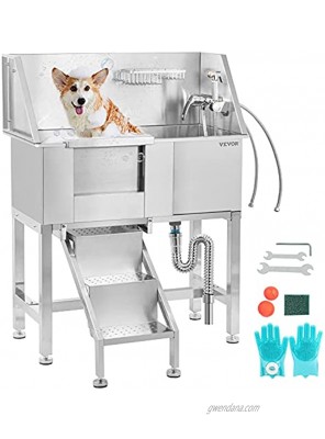 VEVOR 34 Pet Grooming Tub Stainless Steel Dog Wash Station Pet Washing Station and Dog Bath Tub Water-Resistant Grooming Tub for Dogs with Removable Door & Ladder on The Left