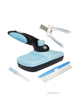 4PCS Self-Cleaning Slicker Brush Kit Pet Grooming Tools Set with Slicker Brush Nail Clipper Pet Nail File and Comb Cat Dog Grooming Brush Gently Reduces Shedding & Tangling for All Hair Types