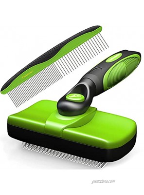 Tminnov Self Cleaning Slicker Brush + Stainless-Steel Comb Set Dog Cat Brush For Shedding and Grooming Safe Painless Bristles Gently Removes Long and Loose Undercoat Mats and Tangled Hair of Pet
