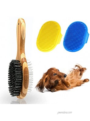 TTEIOPI 3 Pieces Dog Brush and Cat Brush Large Bamboo Double Sided Oval Pin Brush & Bristle Grooming Brush for Pets with Long or Short Hair Removes Tangles Dust and Dirt.