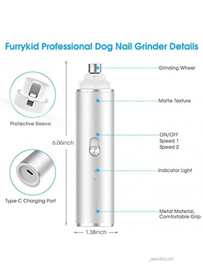 Furrykid Dog Nail Grinder Professional Pet Nail Trimmer 2-Speed Ultra Quiet & Powerful Nail Clippers Painless Paws Grooming & Smoothing Dogs Cats Type-C Charging
