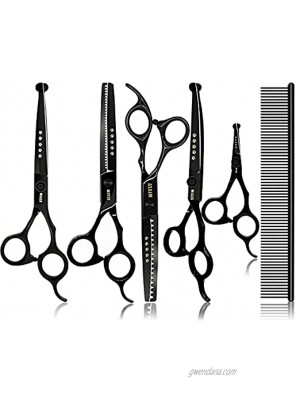 6 in 1 Dog Grooming Scissors Kit 7" Stainless Steel Pet Grooming Scissors with Hair Thinning Scissors Curved Scissor Straight Scissor Comb Dog Scissors for Long Short Curls Hair Large Small Dog Cat