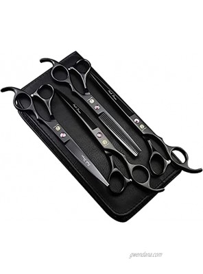 7.0 Inch Pet Grooming Scissors Set Professional Japan 440C Dog Shears Hair Cutting +2 Curved+ Thinning Scissors with Leather Bag Black