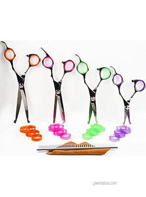Best Pet Cat Dog Grooming Scissors Set 8 Piece Kit Higher Quality 6CR Stainless Steel Thinning Scissor Curved Straight Long Short Shears Round Safety Tip Comb Leather Case 40 Free Color Finger Rings