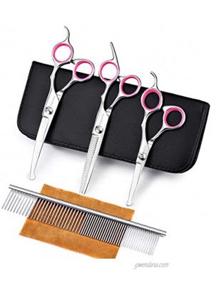 Freewindo Dog Grooming Scissors Kit with Safety Round Tip Heavy Duty Stainless Steel Dog Scissors Set Include Straight Curved Thinning Scissors and Grooming Comb for Dog Cat Hair Care