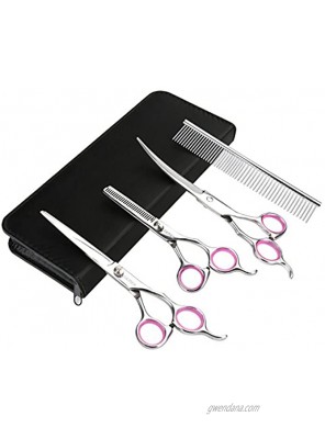 GEMEK Pet Cat Dog Grooming Scissors Set 4 Pieces Stainless Steel Professional Pet Trimmer Kit 7.5 inch Straight Cutting Scissors Thinning Shears Curved Scissors Grooming Combs