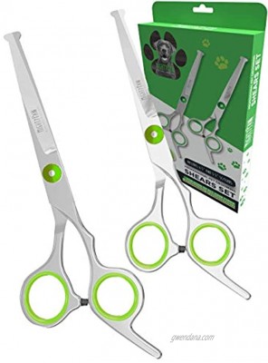 Mighty Paw Professional Dog Grooming Shears 2 Pack | Pet Hair Cutting Scissors Set with Rounded Safety Tips & Sharp Titanium-Coated Stainless-Steel Blades. for Body Paw and Face Trimming