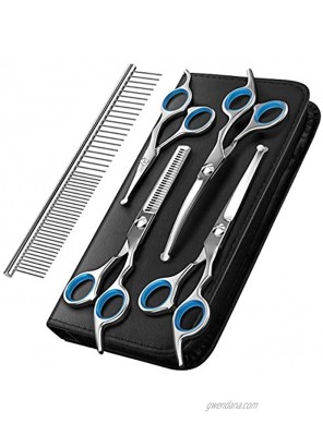 Pawaboo Dog Grooming Scissors Kit 5 Pack Safety Round Tip Stainless Steel Titanium Coated Pet Grooming Trimmer Set Thinning Straight Curved Shears and Comb with Case for Small Large Pet Dog Cat