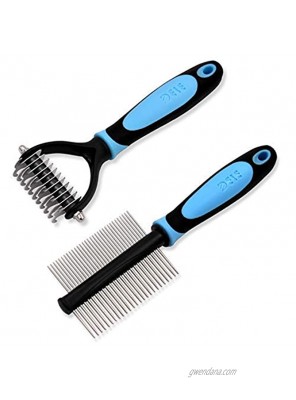 SHD 2 Pack Pet Grooming Tool with Double Sided Dematting Rake Brush and Deshedding Comb for Medium Longhaired Curl Dog or Cat