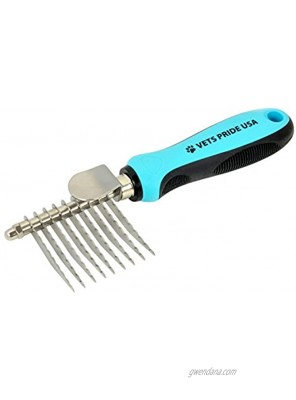Vets Pride USA Dematting Comb for Dogs and Cats Stainless Steel Tool for Tangles Knots and Matted Hair Reversible Serrated Blades Soft Handle and Thumb Rest Perfect for Any Breed and Size