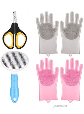 4 Pieces Pet Grooming Deshedding Tool Kit Pet Grooming Glove Cat Grooming Brush With Magic Silicone Gloves Mats Tangled Hair Slicker Brush Pets Nail Clipper Cat Brush for Shedding and Grooming