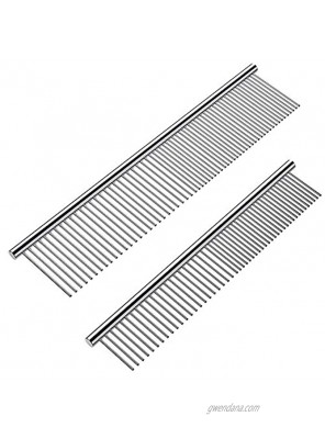 Cafhelp 2 Pack Dog Combs with Rounded Ends Stainless Steel Teeth Cat Comb for Removing Tangles and Knots Professional Grooming Tool for Long and Short Haired Dog Cat and other pets 6.3IN 7.4IN