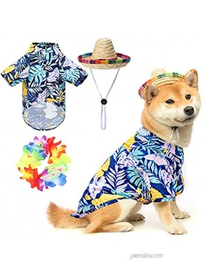 EXPAWLORER Hawaiian Dog T-Shirt Set Summer Pet Clothes Apparel with Straw Hat and Garland for Small Medium Large Dogs