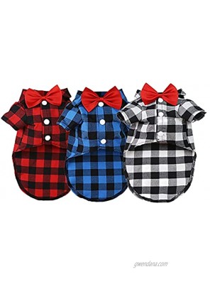 Sebaoyu Dog Plaid Shirt with Bow Tie 3 Pieces Puppy Clothes for Small Dogs Boy Summer Pet Clothing Breathable Cat T-Shirt Outfit Doggy Apparel for Medium Large Male French Bulldog Yorkie Breed
