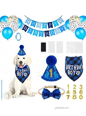 18 Pieces Dog Birthday Party Supplies Pet Birthday Boy Bandana Dog Birthday Bandana Balloon Banner Pet Birthday Hat with 0-8 Figures Touch Ink Pad and Imprint Cards Dog Birthday Party Decorations