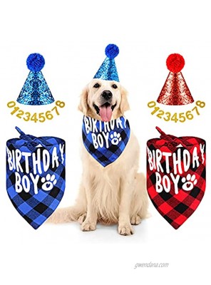 2 Sets Dog Birthday Party Supplies Include Dog Birthday Hat Doggie Birthday Plaid Bandana Boy Head Scarf with 0-9 Figures for Small Medium Pet Girls Boy