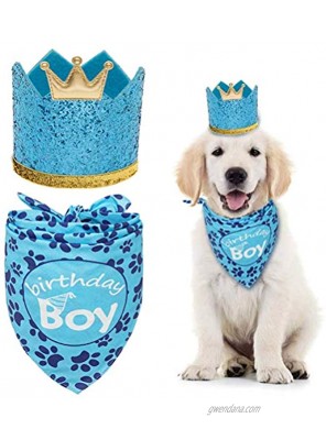 Dog Birthday Bandana with Crown Hat Triangle Scarfs and Cute Party Hat for Pets Blue