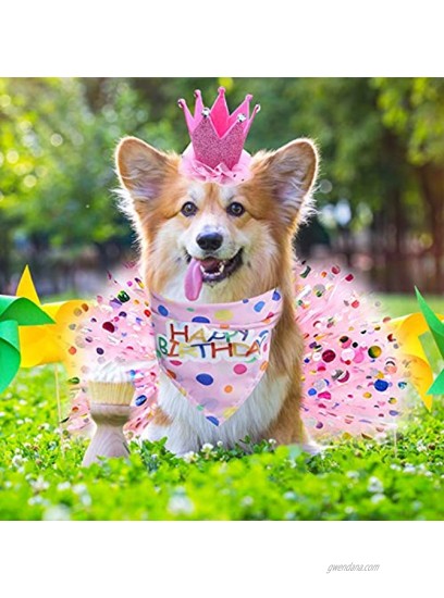 Dog Birthday Bandana with Hat and Dress Girl Set,Puppy Birthday Party Supplies,Pink Tutu Skirt Happy Birthday Crown Hat Scarf for Pet Puppy Cat Girl