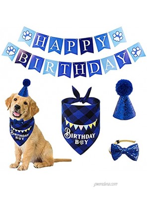 Dog Birthday Party Supplies Dog Bandana Boy Girl Puppy Birthday Hat Scarf Bow Tie Collar with Happy Birthday Banner Flag for Pet Dog Puppy Cat Blue
