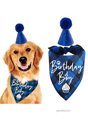 family Kitchen Classic Blue Plaid Pet Puppy Dog Bandana with Dog Birthday Party Hat Accessories Boy Dog Birthday Bandana Scarf Bibs for Pet Birthday Outfit Party Supplies Set