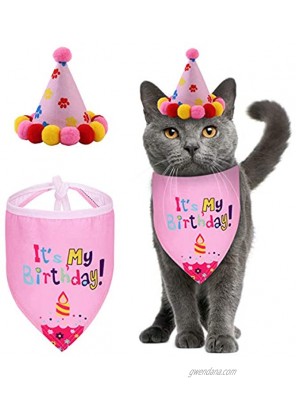 Petyoung Pet Cat Dog Happy Birthday Bandana Scarfs and Cute Party Hat for Girls Boys,Cat Birthday Gift Decorations Set with Soft Scarf & Adorable Hat