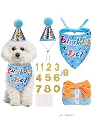SCENEREAL Dog Birthday Boy Bandana and Reusable Dog Birthday Hat with 0-8 Figures Come with Squeaky Plush Birthday Gift Box Fit for Puppy Birthday Party Celebration