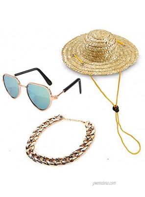 YESSART Pet Dog Cat Costume Black Sunglasses Gold Chain Collar Hat Set of 3