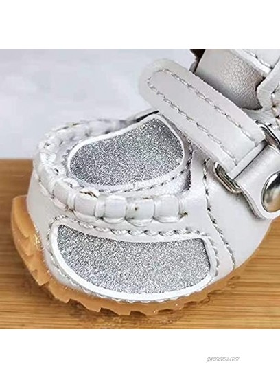 DJJ Dog Boots Anti-Slip Luxurious Dog Shoes for Small and Medium Dogs with Double Straps Glittering White Artificial Waterproof Leather Paw Protector 2Pcs