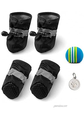 JOUEUYB Dog Boots Non Slip Black Waterproof Dog Shoes Dog Booties with Reflective Strips Pet Paw Protector for Small Medium Puppy Adjustable Drawstring Rain Doggie Booties for Outdoor 4 PCS