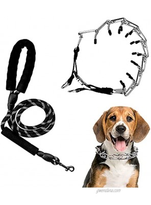 Dog Prong Collar Adjustable Stainless Steel Dog Collar with Comfort Rubber Tips Dog Choke Pinch Collar Quick Release Snap Buckle for Small Medium Large Dogswith Traction Rope