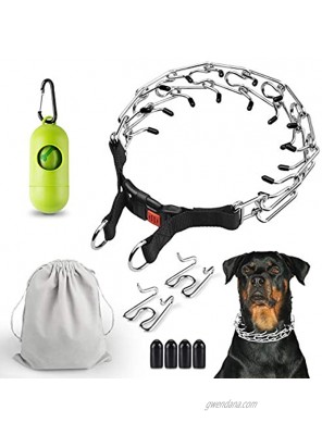 JOUEUYB Prong Collars for Dogs Dog Choke Pinch Training Collar for Large Dogs Pronged Stainless Steel Links with Comfort Rubber Tips and Quick Release Snap Buckle（One Velveteen Bag and 20 Poop Bags）