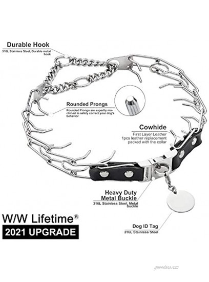 W W Lifetime Prong Collar with Buckle Quick Release Adjustable from 15in to 30in Chrome Stainless Steel Anti Pull Pinch Dog Chain with Dog ID Tag for Medium Large Dog Behavior Training