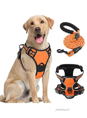 MIEMIE No Pull Dog Harness and Leash Set with 2 Leash Clips for Large Dogs No Choke Adjustable Breathable Soft Padded Dog Vest Harness Reflective pet Harness with Easy Control Handle Orange