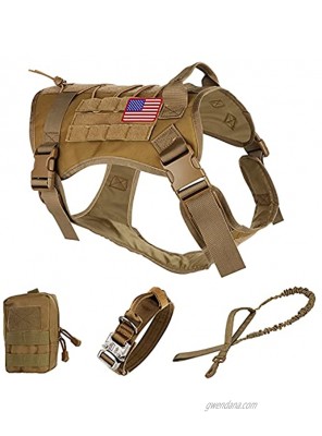 Pruk Tactical Dog Harness Set K9 Dog Harness Military Dog Vest Collar Leash with Molle Pouch and Patch No Pull Tactical Dog Vest for Large Dog Service Dog Harness for Training HikingKhaki L