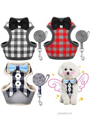 Weewooday 3 Pieces Puppy Harness and Leash Set No Pull Pet Harness with Leash Adjustable Mesh Dog Walking Harness with Cute Bows Plaid Pattern and Buttons for Small Dogs and Cats