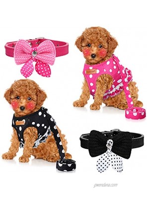 Weewooday 4 Pieces Cute Small Dog Harness and Leash Set Polka Dots Dog Vest Harness Set with Leash and Bowknot Collar Harness Set for Puppy and Cat